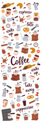 Wall Mural - Coffee shop elements in vertical banner. Hand drawn elements for cafe menu. Beans, cups, pot, package, grinder, filter, machine, portafilter, kettle.