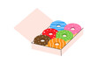 Take away donuts. Donuts box. Bakery sweet pastry food. Vector illustration.