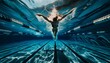 Swimmer diving in a sunlit pool from below - A powerful image capturing the grace and athleticism of a swimmer diving into the crystalline waters of a pool