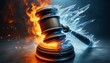 Judge's gavel with fire and ice concept - An artistic representation of law contrasted by fiery passion and cold, rational judgement