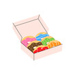 Donuts in a box. Bakery sweet pastry food. Vector illustration.