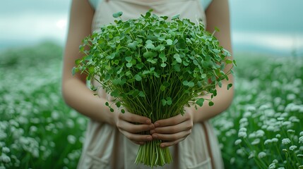 Sticker - A woman in white dress holds green flowers bouquet in field