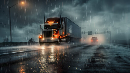 Poster - a dynamic rig shot photograph of a transporter moving swiftly along a bustling highway, capturing the essence of speed and motion