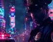 Policeman with cityscape and badge details overlaying night patrol scenes
