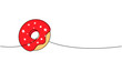 Donut with icing one line colored continuous drawing. Bakery sweet pastry food. Vector linear illustration.
