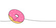Glazed donut one line colored continuous drawing. Bakery sweet pastry food. Vector linear illustration.