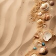 Sand and sea shells around , summer vacation wallpaper design, beach . Illlustation generated with AI