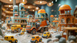 A bustling construction site in a sandbox, where children operate magical, oversized machinery to build fantastical structures