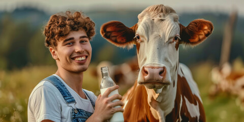 close up cow and smiling farmer man holding a bottle of whole milk on a field in summer farm surroundings, farmer’s dairy produce concept, horizontal banner