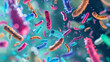 microscopic microbiome view of bacteria  in the gut, healthy microorganisms, pathogen and cells macro shot, colorful biology, virology background , virus, Medical field