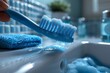 An image showing a blue, foamy toothbrush resting on the rim of a white sink with a blue towel in the background