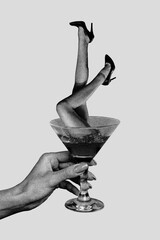 Sticker - Vertical photo collage of hand hold martini glass cocktail party legs inside heels party event pub isolated on painted background