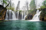 Fototapeta Krajobraz - Amazing picture with some of picturesque waterfalls in the green spring forest of Plitvice national park in Croatia. Plitvice lakes closer view..