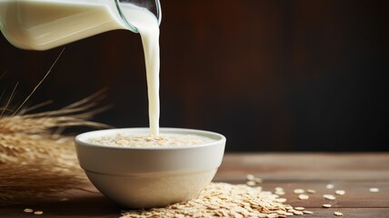 Milk being poured into a bowl of raw oats with wheat stalks beside.