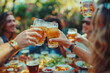 Cheers, friends joyfully raising glasses of beer at a party, youth party concept and friends meeting on vacation