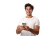 © BetterPhoto - Man smiling and using a smartphone on a white background