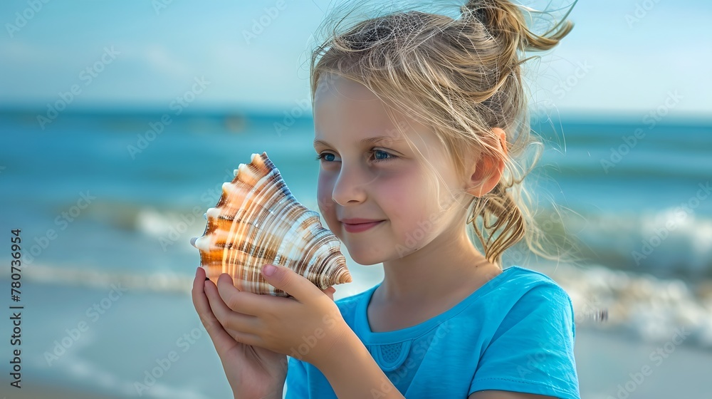 Curious Young Girl Holding a Seashell at the Beach. Child Exploring ...