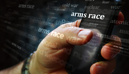 Poster - Arms race news titles on screen in hand 3d illustration