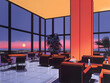 Illustration of a modern interior with large windows overlooking a sunset cityscape.
