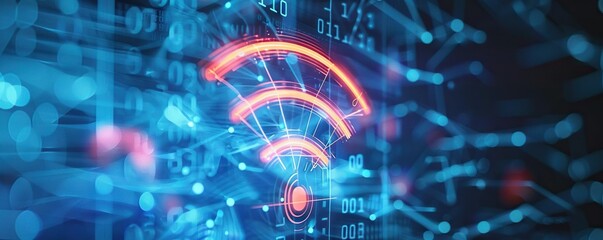 Poster - abstract digital connectivity concept with glowing wi-fi symbol on blue background
