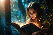 A girl reading a book with her imagination showing around her book , AI generated