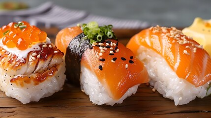 Canvas Print - Delicious Assorted Sushi Set on Wooden Board. Fresh Nigiri displayed. Culinary Japanese Cuisine. Ideal for Menu Background. Close-up. AI