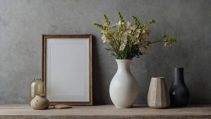 Wall Mural - Empty frame with vase for mockup