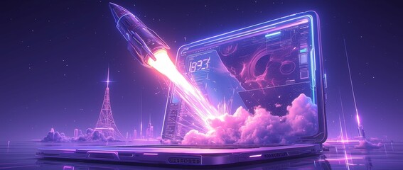 Poster - A rocket emerges from the screen of an open laptop, with purple smoke and light effects around it. 