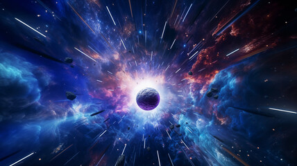 exploding blue and purple planet surrounded by rocks, rays of light shooting out, shining bright gal