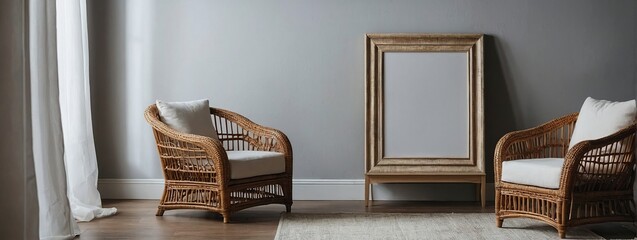 Wall Mural - Frame mockup with wicker lounge chair