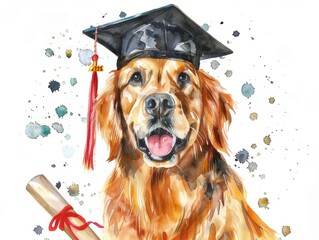 Canvas Print - Golden retriever in a graduation cap with paint splatters - A playful watercolor illustration of a golden retriever in a graduation hat, surrounded by vibrant artistic splatters