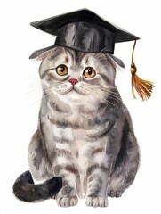 Canvas Print - Sitting tabby cat in graduate cap artwork - Adorable tabby cat sits posed in a graduate cap, showcasing a milestone in a pet's life in this watercolor art