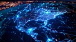A glowing map of the world with North America at the heart, data flow visualizing cyber technology and exchange
