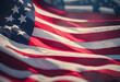 American flag waving in the breeze with a close-up on the stars and stripes, symbolizing patriotism and freedom, suitable for Independence Day, Memorial Day, or Veterans Day themes.