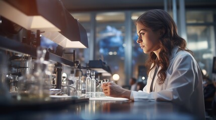 Leinwandbilder - A woman wearing a lab coat is performing a precise experiment in a lab. The background is full of modern scientific instruments. 