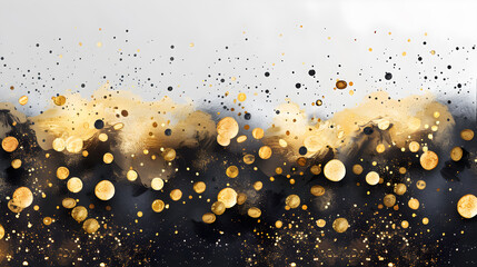 Poster - Abstract black background with gold contrast on a white background decorated with gold dots and dust.
