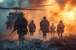 Powerful imagery of backlit soldiers and a helicopter onset of night, conveying urgency and preparedness