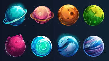 Set of Fantasy alien planets isolation background, Illustration.