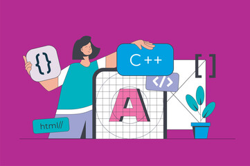 App development concept in modern flat design for web. Woman creating user interface layout, programming and coding mobile products. Vector illustration for social media banner, marketing material.