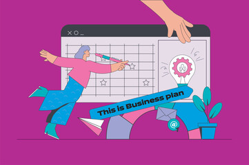 Poster - Business planning concept in modern flat design for web. Woman scheduling company tasks and targets in calendar, sets financial goals. Vector illustration for social media banner, marketing material.