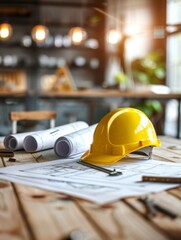 a yellow construction helmet rests atop a set of blueprints, surrounded by various architectural tools and building plans
