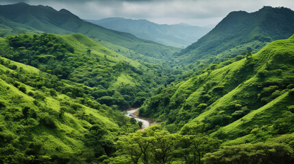 areal view of landscape with river and mountains.