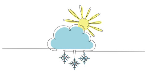 Sun and cloud with snow - hand drawing one single continuous line banner. Vector stock illustration isolated on white background for design template weather forecast, travel blog. Editable stroke. 