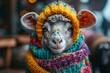 The lamb, with its innocent gaze, is clothed in a colorful knitted wear, symbolizing warmth, care, and the nurturing aspect of nature