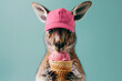 kangaroo eating ice cream, pink ice cream, kangaroo in cap, turquoise background, ice cream