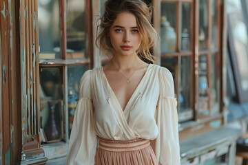 Wall Mural - A stylish young woman in a rose skirt and white blouse walks in the city. Concept Fashion, Cityscape, Young Woman, Rose Skirt, White Blouse