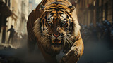 Fototapeta Paryż - A Tiger Chasing People On The Bustling Gran Via Street