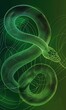 A digital illustration of a stylized, glowing wireframe snake on a green background