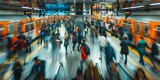 Fototapeta  - Motion blur of busy subway station with people commuting and train in movement