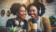 Laughing women making a podcast 